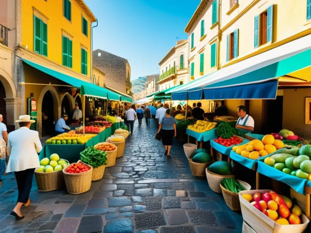 Un mercado siciliano bullicioso con puestos de frutas, cerámica y artesanías