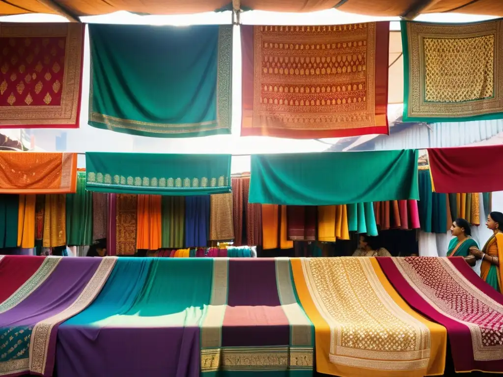 Mercado textil indio con colores vibrantes, tejidos exquisitos y clientes y comerciantes negociando