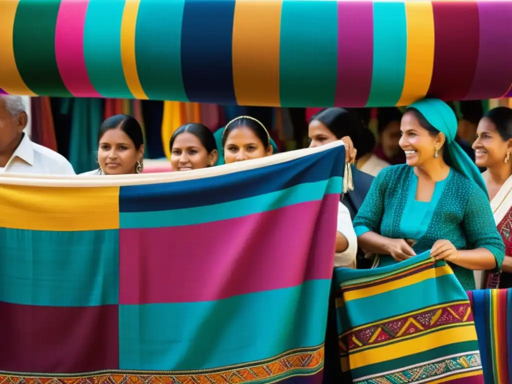 Un mercado textil latinoamericano con colores vibrantes y patrones intrincados que reflejan la historia de la moda en Latinoamérica