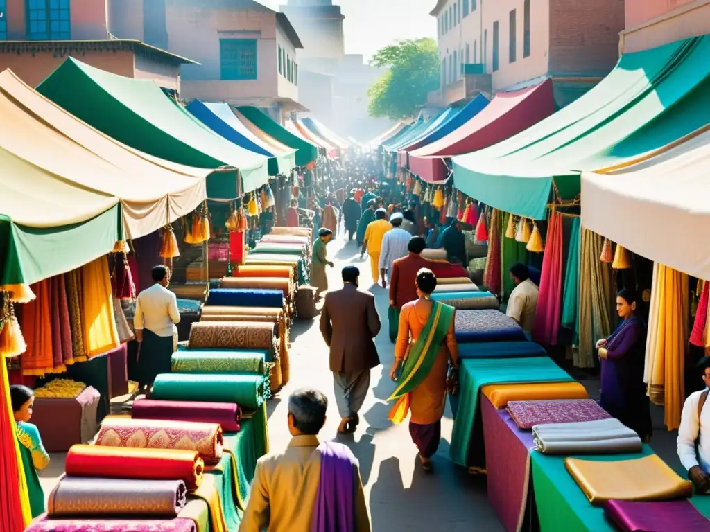 Mercado de textiles indios vibrante con influencia de la ruta de la seda en la moda india, lleno de colores y patrones