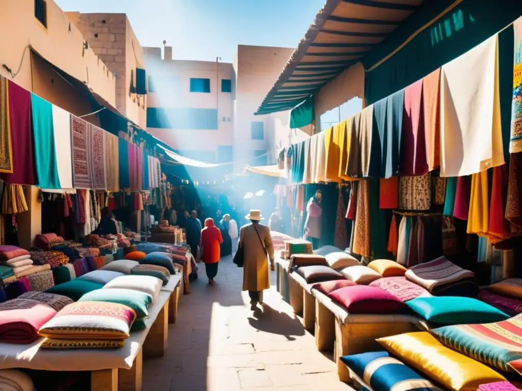 Un mercado tradicional bullicioso con tejidos vibrantes y tendencias, bañado por la luz del sol y lleno de energía cultural