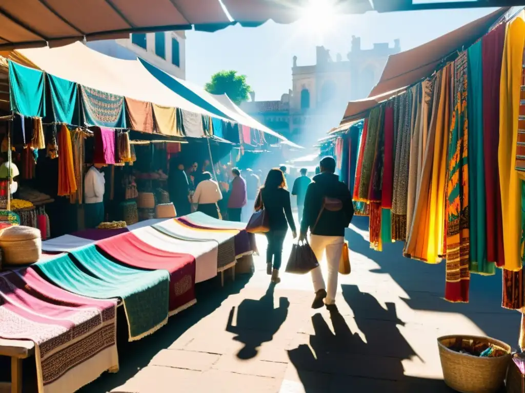 Un mercado tradicional bullicioso con vibrantes tejidos y ropa, donde la luz del sol resalta la diversidad de colores y texturas