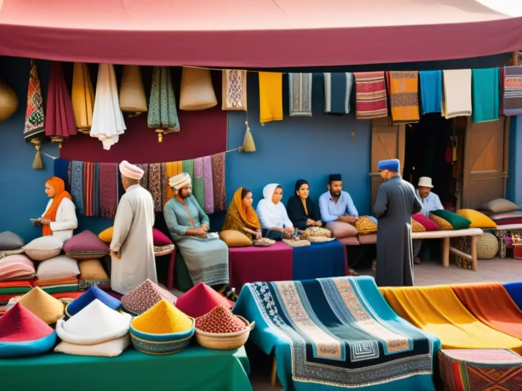 Un mercado vibrante y bullicioso en Marrakech, Marruecos, rebosante de colores y textiles tradicionales