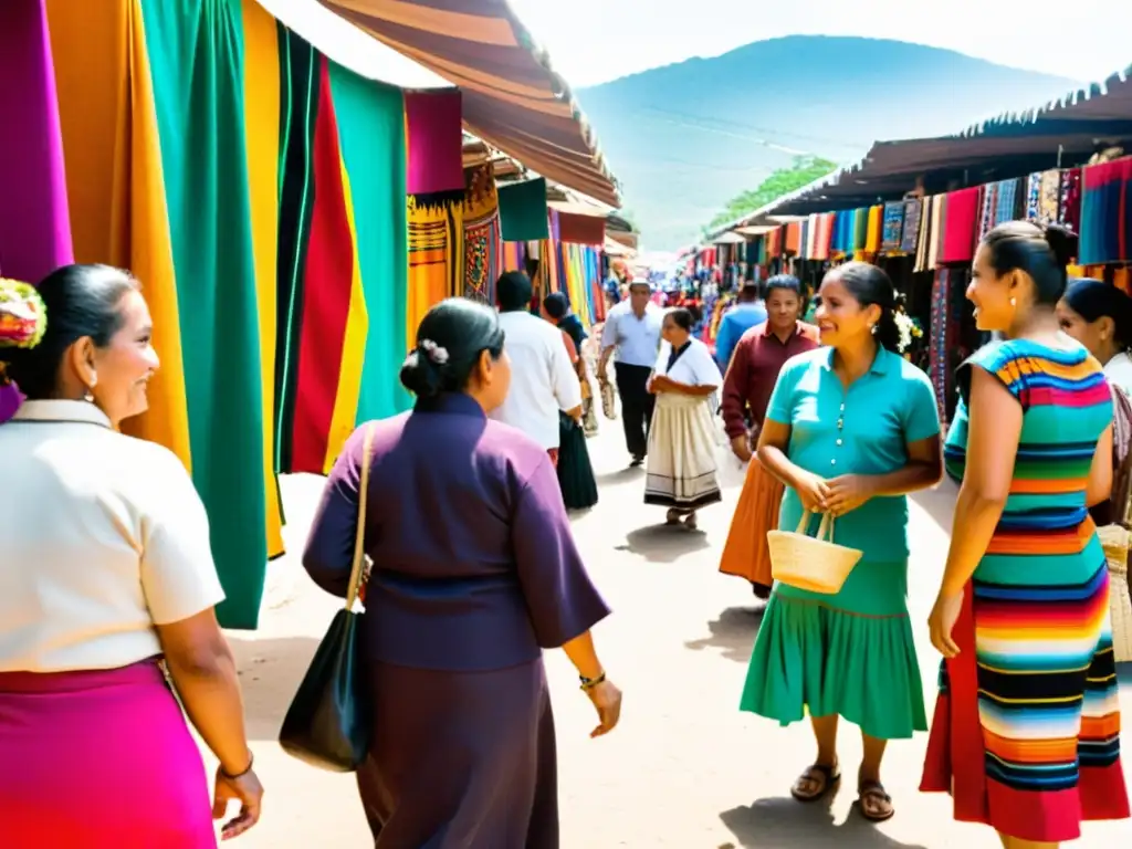 Un mercado vibrante en Oaxaca, México, lleno de artesanos indígenas vendiendo textiles y ropa