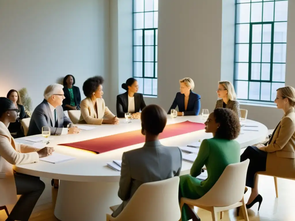 Una mesa de conferencias iluminada por luz natural, donde diseñadores y políticos discuten sobre la sostenibilidad en la moda política