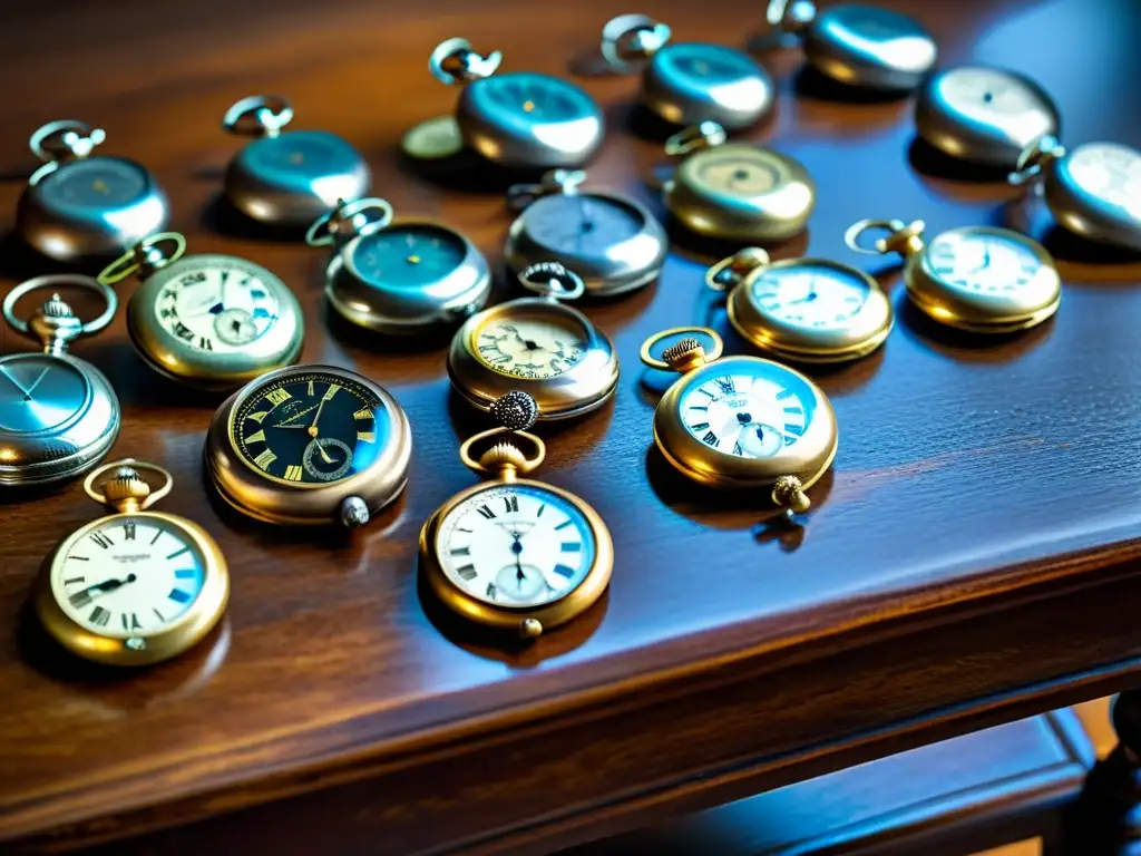 Una mesa de madera antigua con relojes de bolsillo históricos del siglo XVIII y XIX, iluminados por luz natural