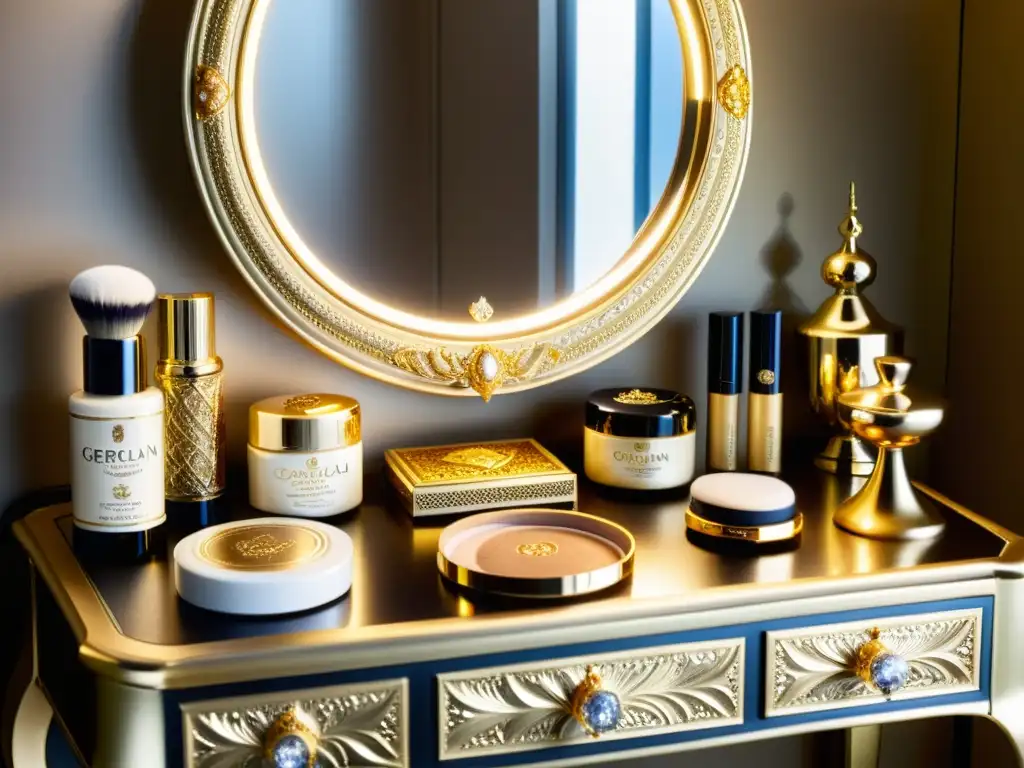 Una mesa de maquillaje real con productos de lujo de marcas históricas como Guerlain, Givenchy y Yves Saint Laurent, bañada en luz natural