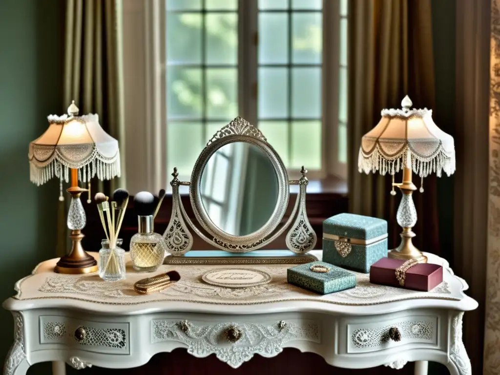 Vanity set victoriano con encajes y accesorios ornados Una mesa tocador de la era victoriana decorada con encajes y accesorios de plata, iluminada por luz natural