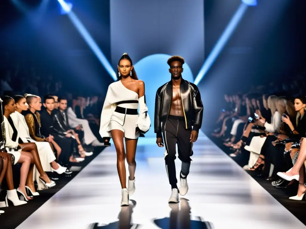 Una mezcla vanguardista de athleisure y alta costura desfila en una pasarela futurista, fusionando elegancia deportiva y lujo