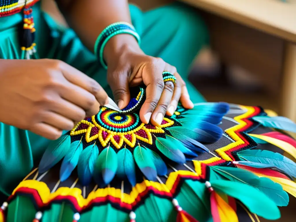 Un miembro tribal Sioux con habilidad artesanal cosiendo un atuendo tradicional, destacando la estética distintiva de la moda Sioux