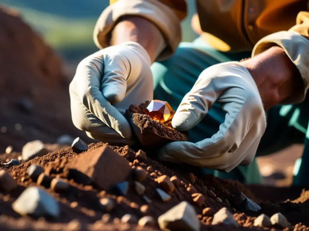 Un minero con las manos cubiertas de tierra extrae con cuidado una piedra preciosa sin pulir de la tierra