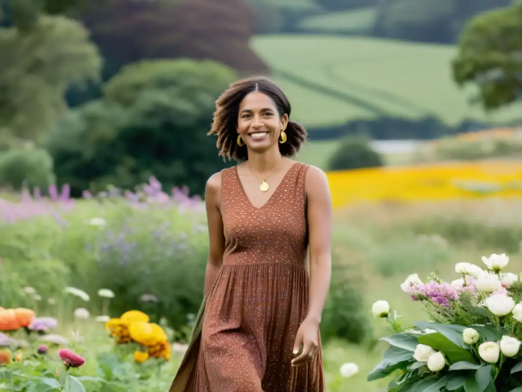 Safia Minney, fundadora de People Tree, sonríe en un campo verde, rodeada de flores