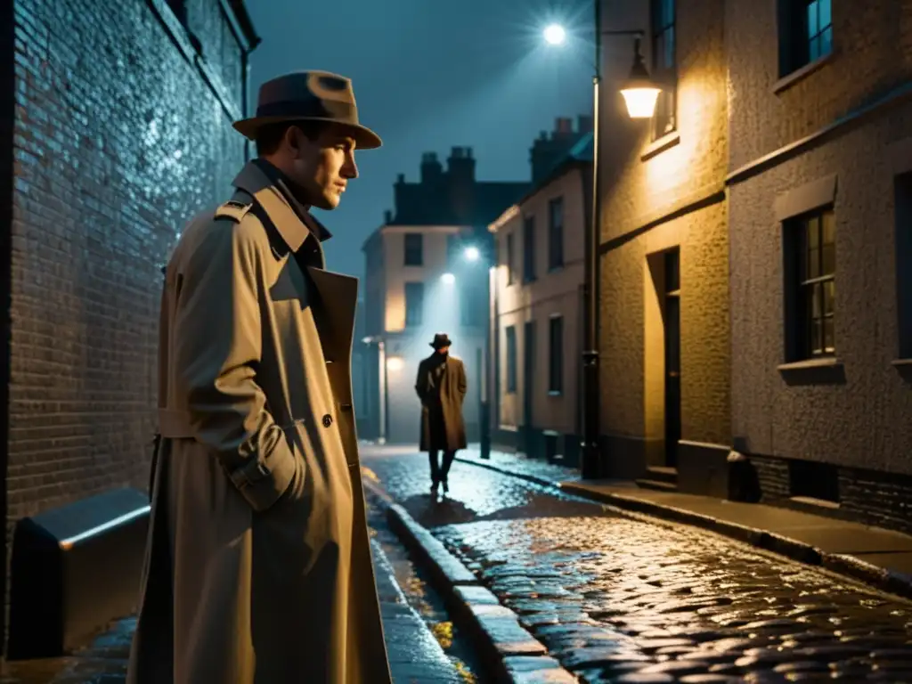 Un misterioso personaje en un callejón oscuro bajo una farola, con un trench coat y sombrero, evocando el impacto cultural de los trench coats