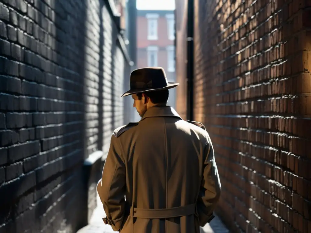 Un misterioso personaje camina por un callejón oscuro, vistiendo un trench coat y un sombrero fedora