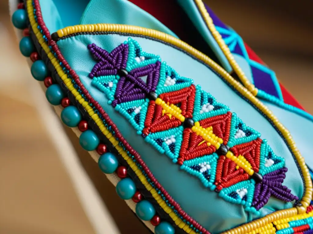 Un moccasin Sioux de cuero y cuentas, con patrones geométricos vibrantes, detallados y artesanales