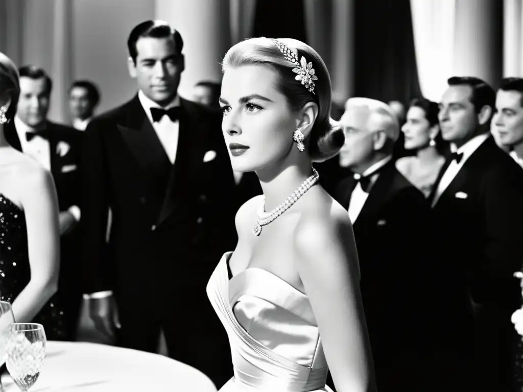 Grace Kelly, influencia de moda, ataviada con elegancia en evento glamuroso en blanco y negro, interactuando con dignatarios y celebridades