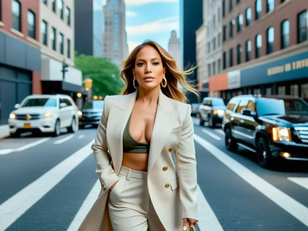 Jennifer Lopez, símbolo de reinvención de moda, camina con confianza en las calles del Bronx de Nueva York, mostrando su icónico estilo