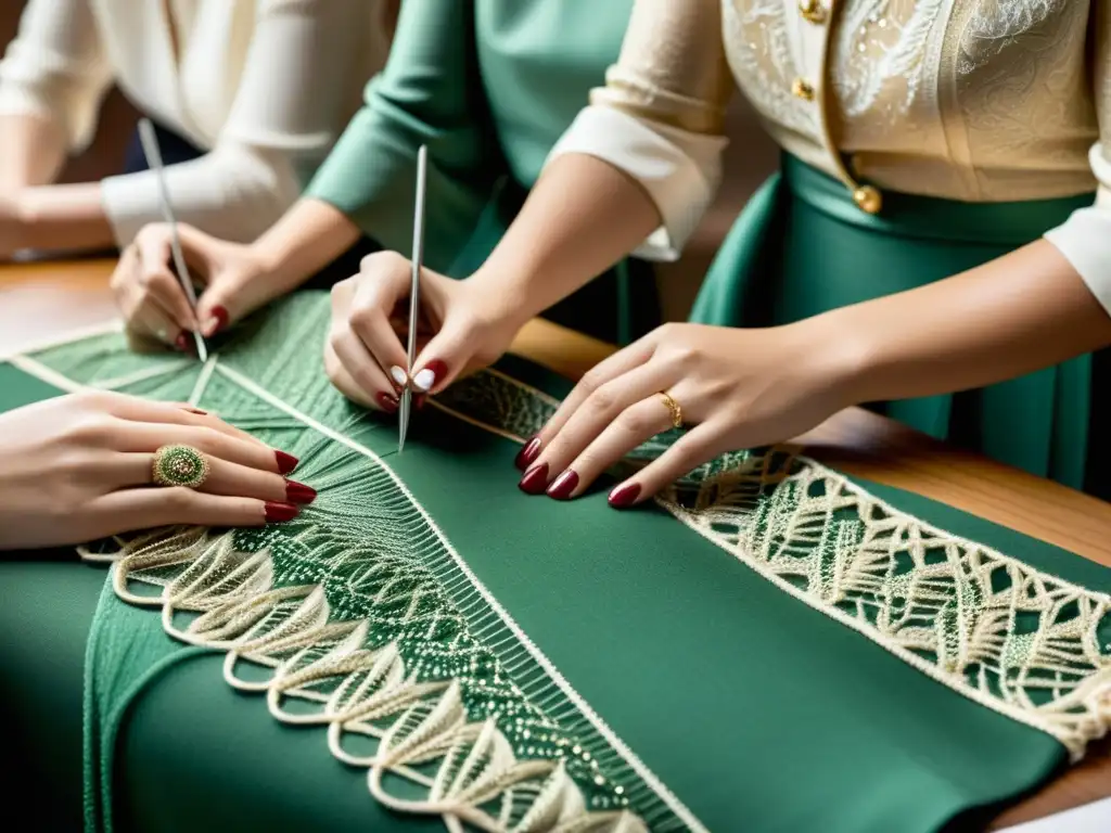 Moda de edición limitada: diseñadores cosiendo meticulosamente prendas exclusivas con destreza artesanal en un atelier luminoso