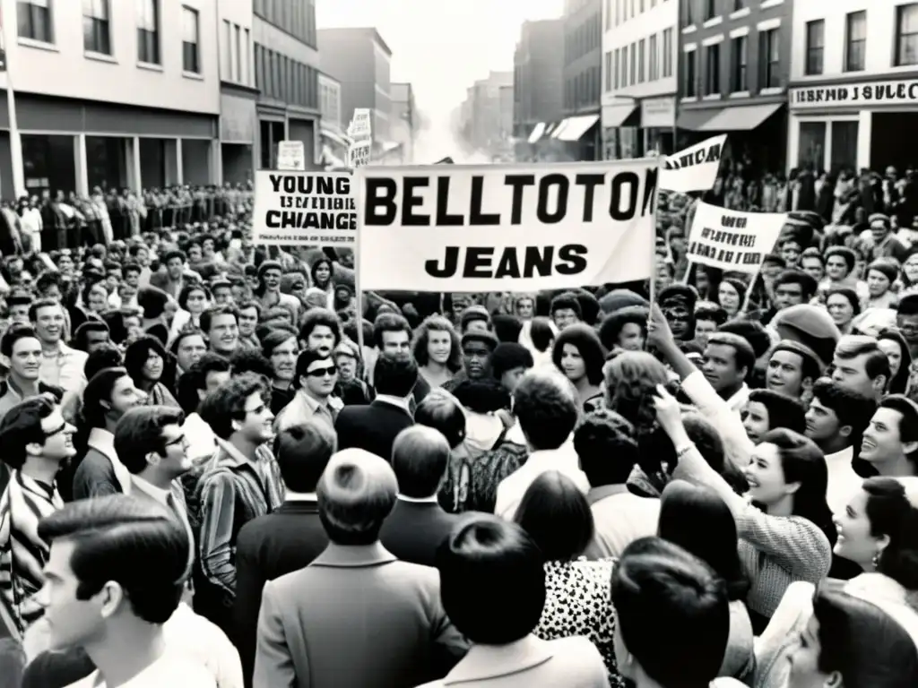 Manifestación de moda como expresión social años 60 con rebeldía y unidad en la calle