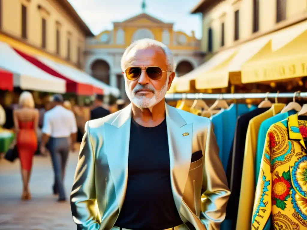 Gianni Versace impacta la moda italiana en vibrante mercado, rodeado de modelos luciendo sus diseños icónicos