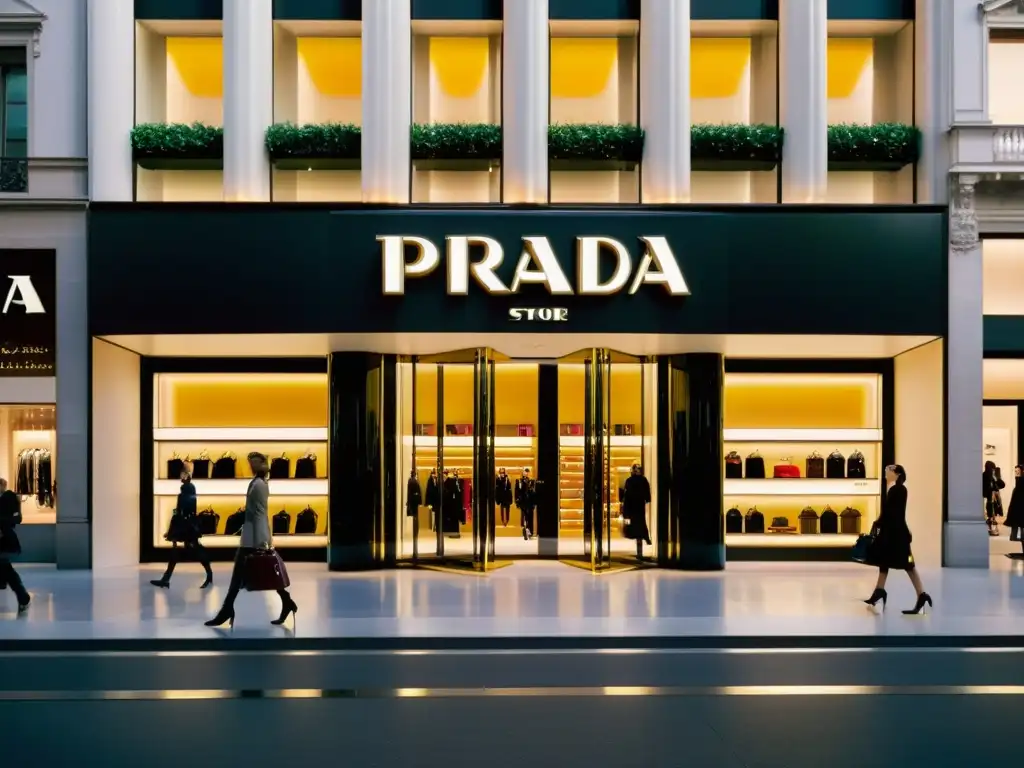 Transformación de la moda de lujo en la icónica tienda insignia de Prada en Milán, con arquitectura moderna, luces cálidas y elegancia urbana