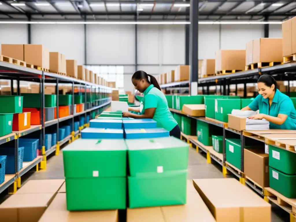 Almacén de moda multicanal: eficiencia y energía Almacén de moda multicanal con estrategias ecommerce en plena actividad, destacando eficiencia y energía