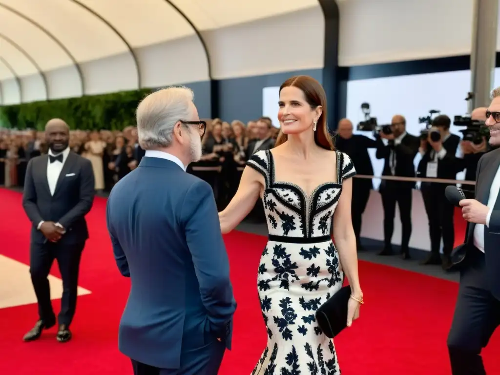 Livia Firth muestra moda sostenible en la alfombra roja, fusionando glamour y valores sostenibles en un evento de moda impactante