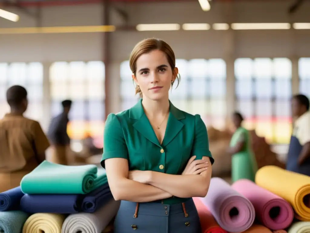 Emma Watson lidera la moda sostenible impacto en fábrica vibrante con trabajadores comprometidos y telas coloridas