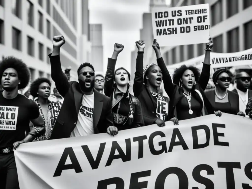 Manifestación con moda subversiva desafía político: gente con vestimenta avantgarde levanta puños en protesta