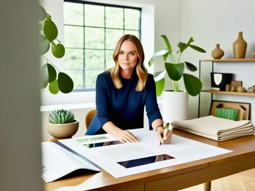 Stella McCartney crea moda sustentable en su estudio, rodeada de materiales ecofriendly, transmitiendo innovación y cuidado en cada detalle