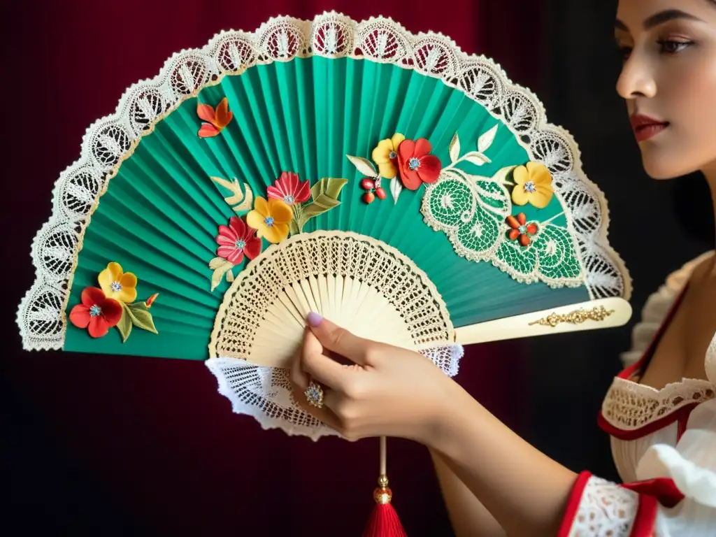 Una modelo sostiene un abanico decorado con encaje y patrones florales, destacando en un vestido flamenco