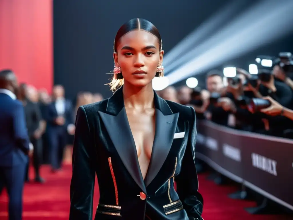 Un modelo andrógino camina con elegancia en la alfombra roja, luciendo un traje negro impecable con detalles metálicos