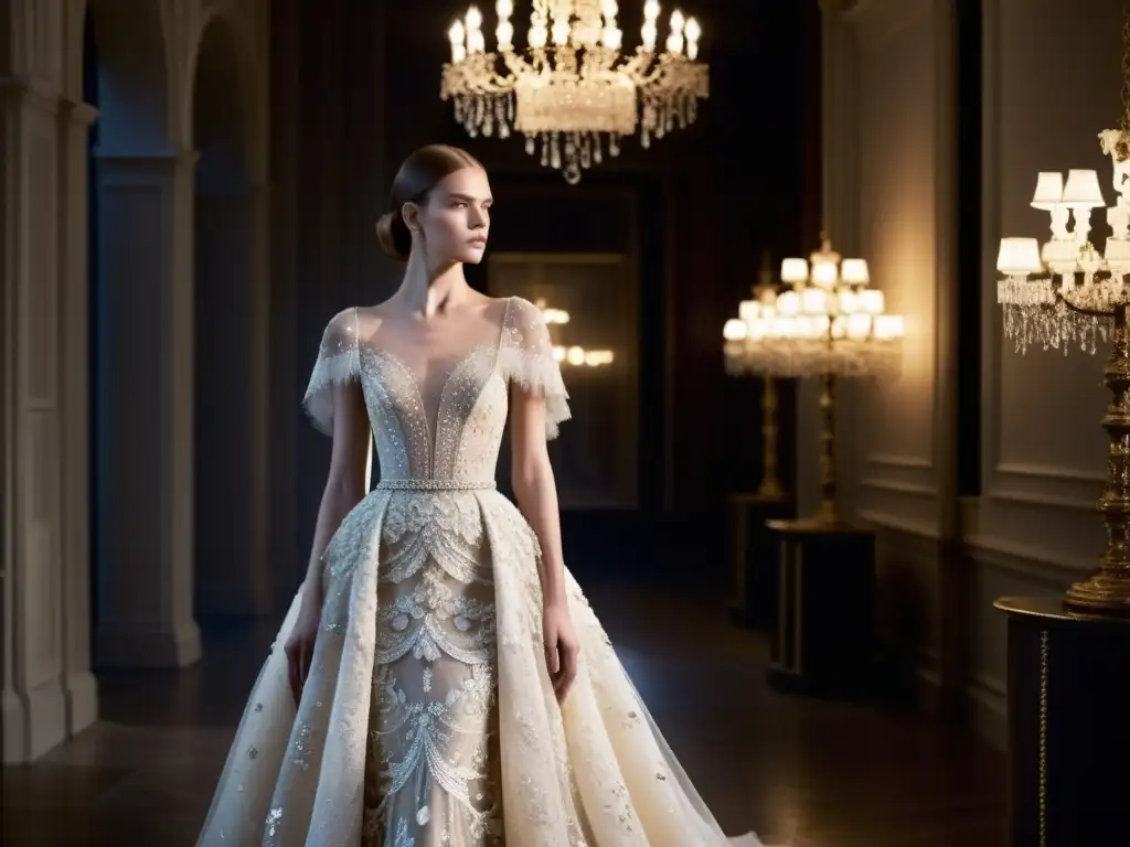 Una modelo deslumbra en un atelier iluminado, vistiendo un deslumbrante vestido de alta costura de Valentino