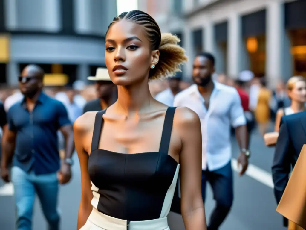 Una modelo desfila con un atuendo vanguardista en una concurrida calle urbana, ilustrando el impacto psicológico de la moda en la sociedad