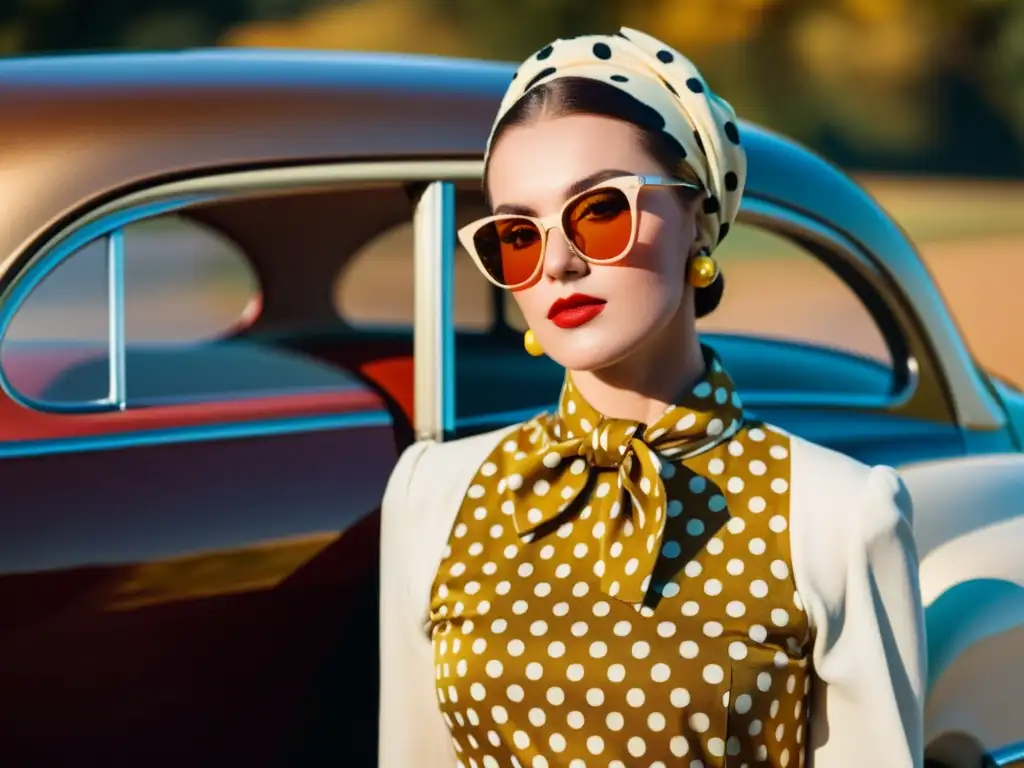 Una modelo viste un atuendo vintage con vestido de lunares, gafas de sol y pañuelo, frente a un coche retro