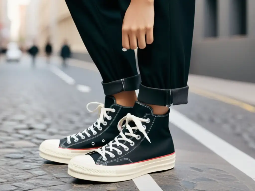 Un modelo camina por la ciudad, luciendo con confianza los sneakers de la colaboración Comme des Garçons x Converse