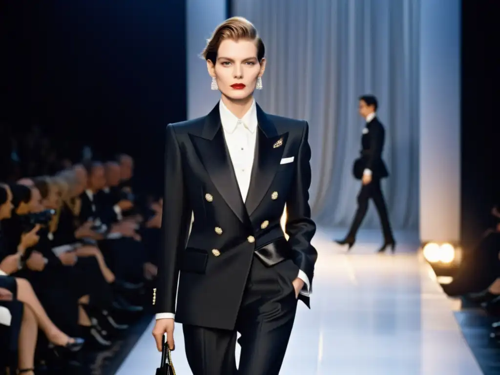 Modelo desfila con confianza en el icónico esmoquin femenino de Yves Saint Laurent, destacando su elegancia andrógina revolucionaria