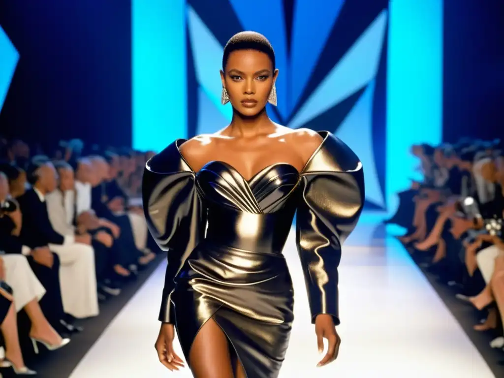 Un modelo desfila con una creación de Thierry Mugler de los 80, exudando opulencia y extravagancia