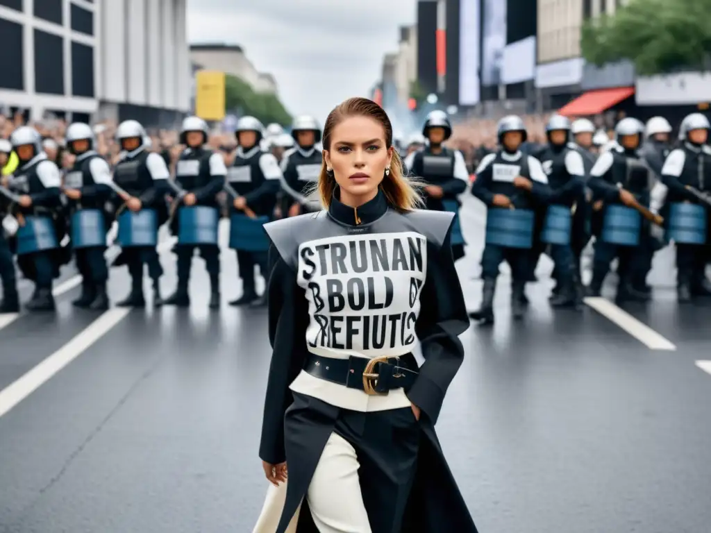 Una modelo desafiante camina entre manifestantes y policías, llevando un atuendo subversivo que desafía la norma