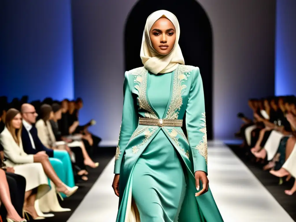 Modelo desfila con elegante vestido de alta costura y un impresionante hiyab, fusionando moda islámica en pasarelas occidentales