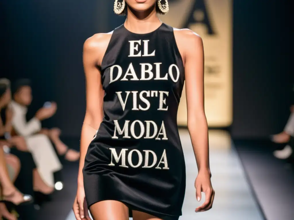 Una modelo desfila con un elegante vestido negro con mensajes ocultos, creando un impacto visual y provocando reflexión en el mundo de la moda