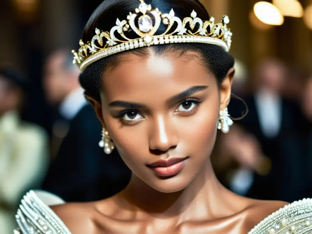 Una modelo desfila con una exquisita tiara de diamantes y perlas en una pasarela de alta costura, resaltando el impacto cultural de los accesorios