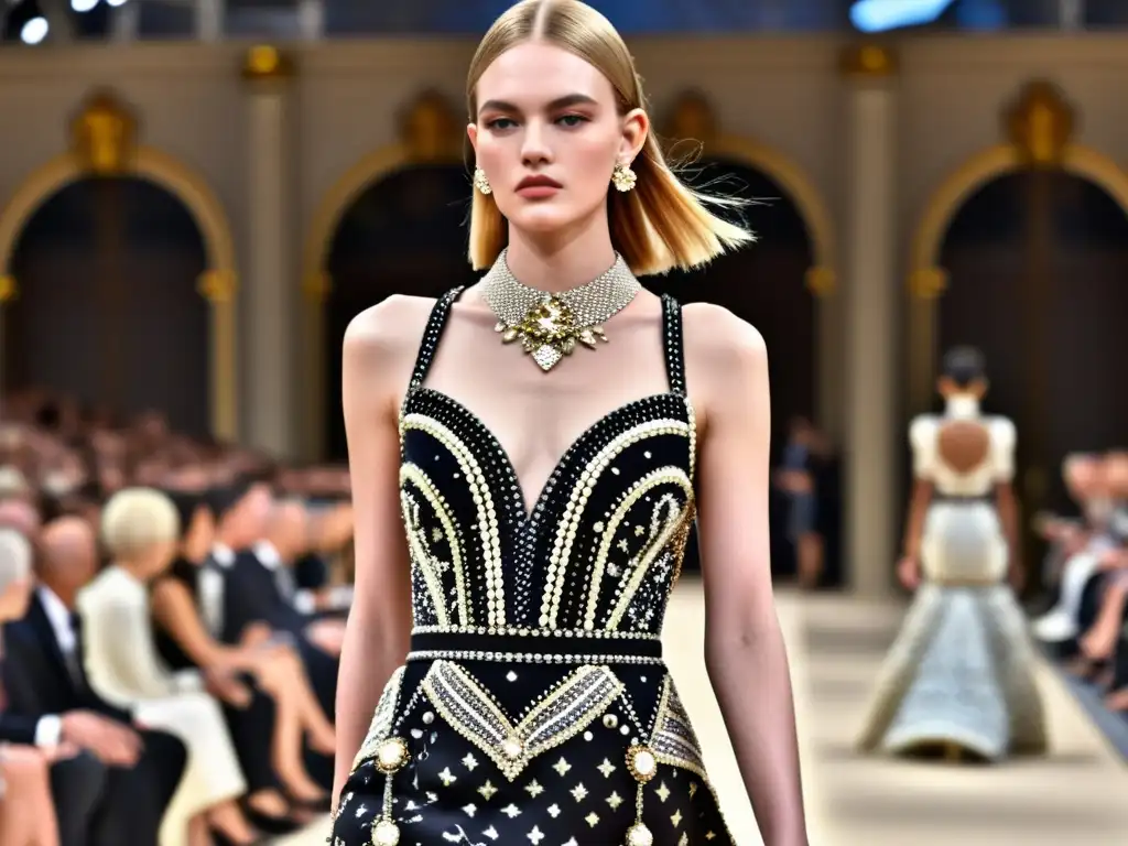 Una modelo desfila con gracia en un impresionante vestido Louis Vuitton, resaltando la evolución de Louis Vuitton moda