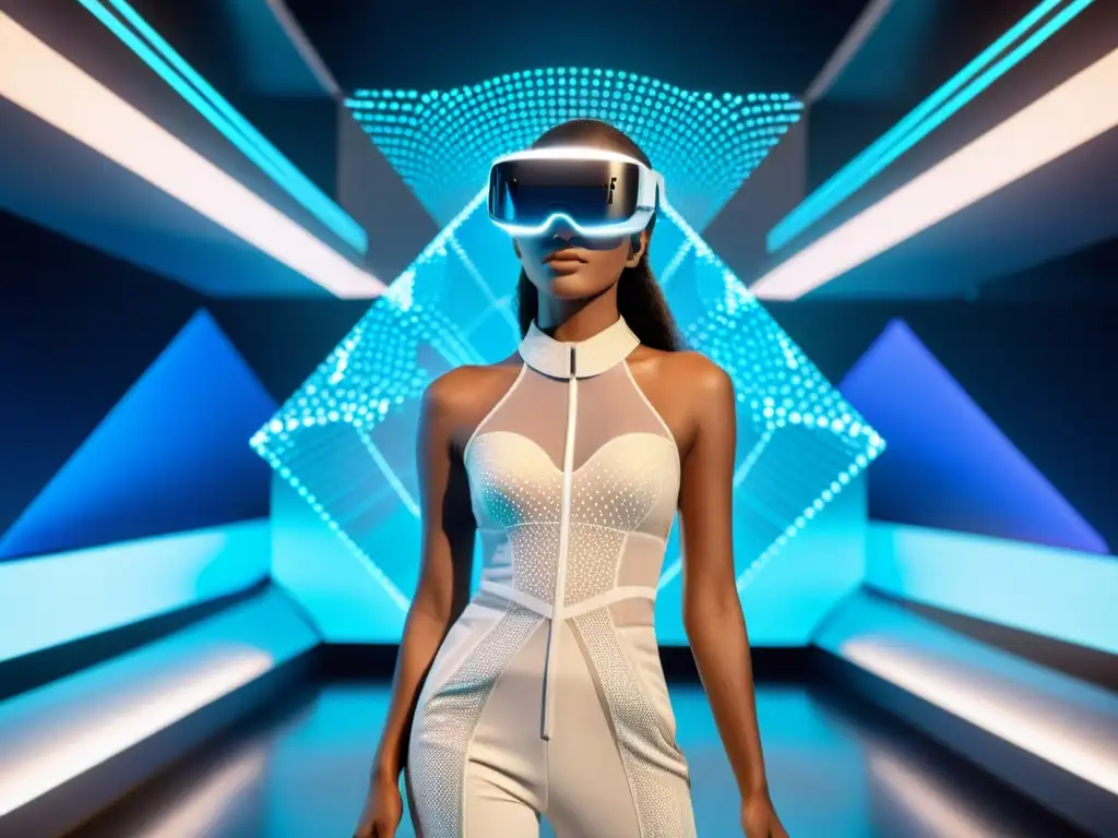 Una modelo viste un headset de realidad aumentada futurista y ropa virtual, rodeada de diseños de moda digitales