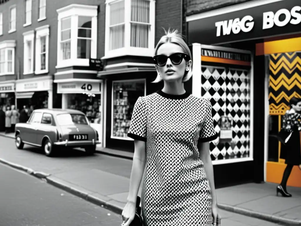 Twiggy, modelo icónica de los años 60, pasea por las bulliciosas calles de Londres en un vestido geométrico