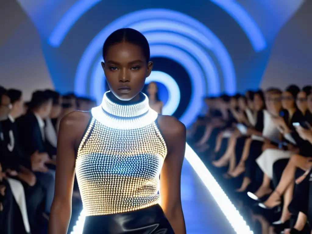 Una modelo deslumbra con impacto cultural en la pasarela de la colección tecnología wearable de Hussein Chalayan, rodeada de innovación y creatividad