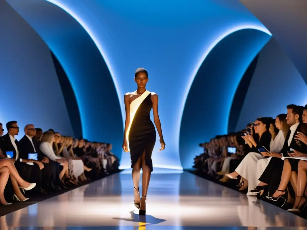 Modelo desfila con impacto cultural colección tecnología wearable de Hussein Chalayan, iluminando la pasarela con su prenda futurista