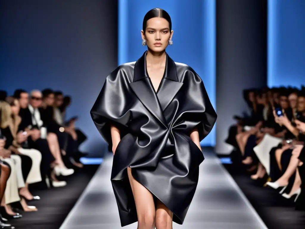 Modelo desfila con impacto silueta cocoon moda siglo, destacando innovación y elegancia en la pasarela de Balenciaga