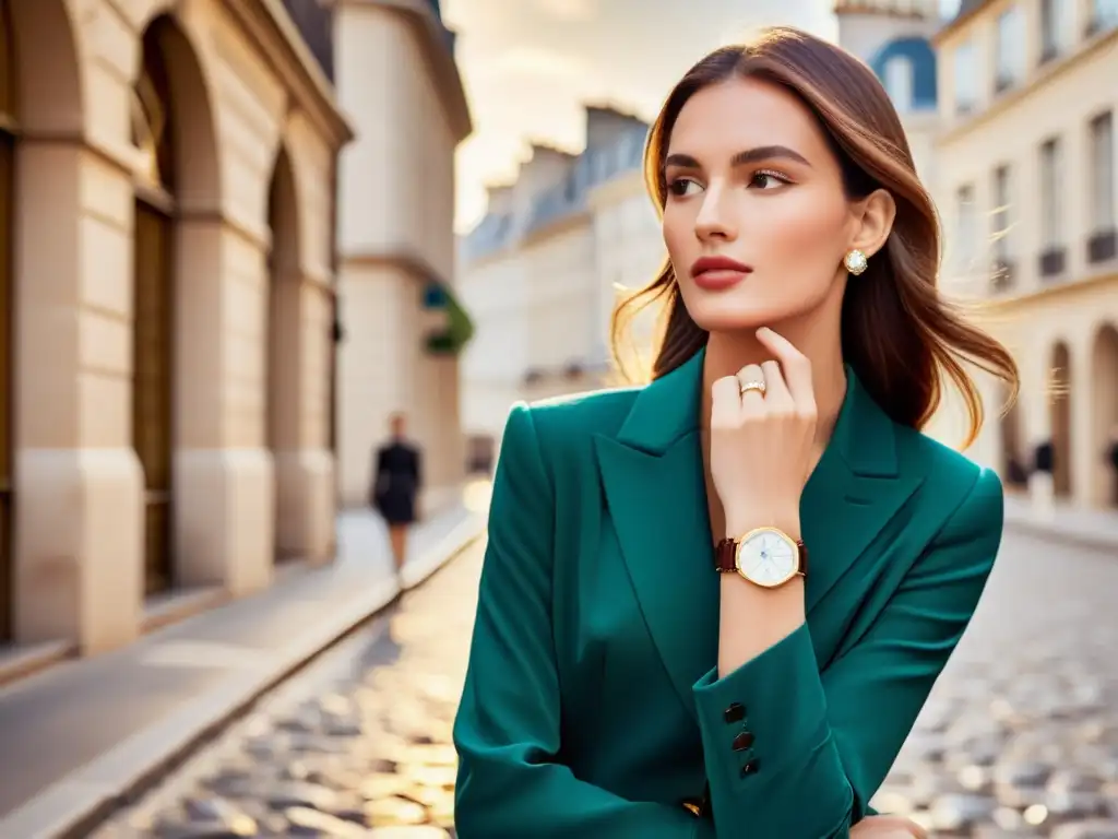 Una modelo lleva un impresionante reloj Cartier mientras pasea por una calle empedrada en París