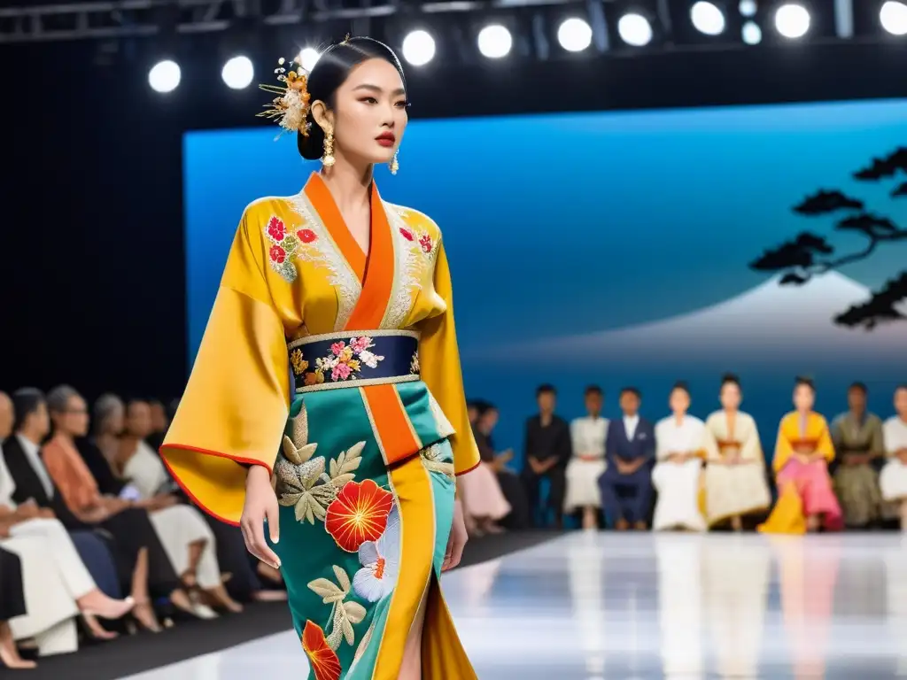 Modelo desfila con un impresionante vestido de alta costura que fusiona elementos del kimono japonés con la moda europea